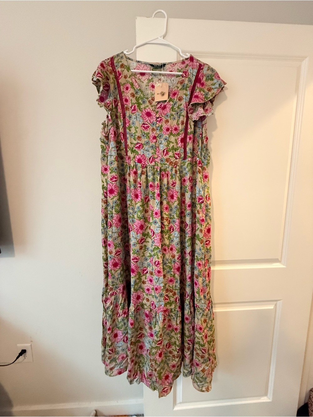 bloom Pink and Green Floral Maxi Dress with Flutter Sleeves